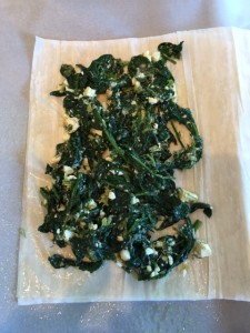 spinach mixture spread on filo